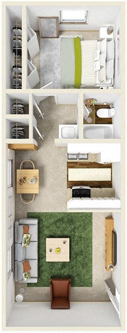 Floor plan for 1 bed, 1 bath, 598 sqft